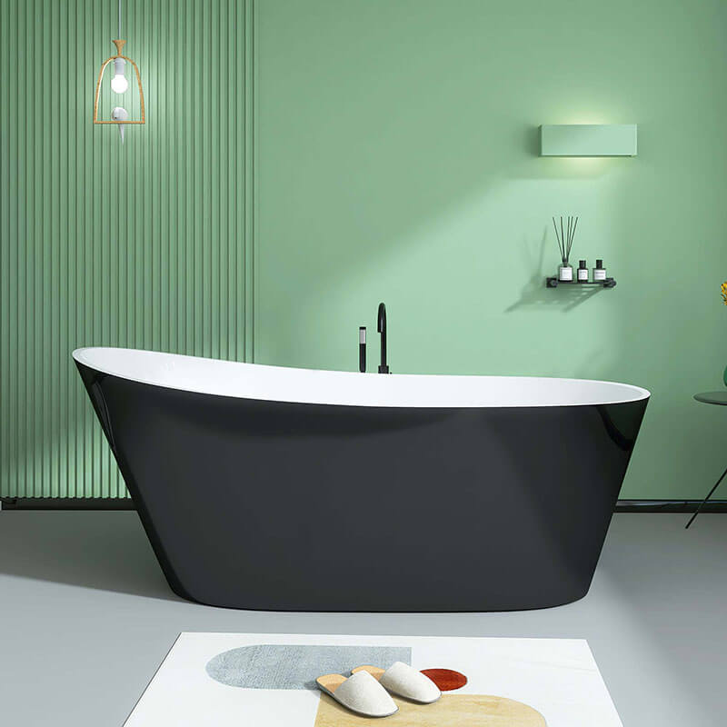 59" Freestanding Black Oval Acrylic Soaking Bathtub with Integrated Slotted Overflow and Chrome Pop-up Drain Anti-clogging