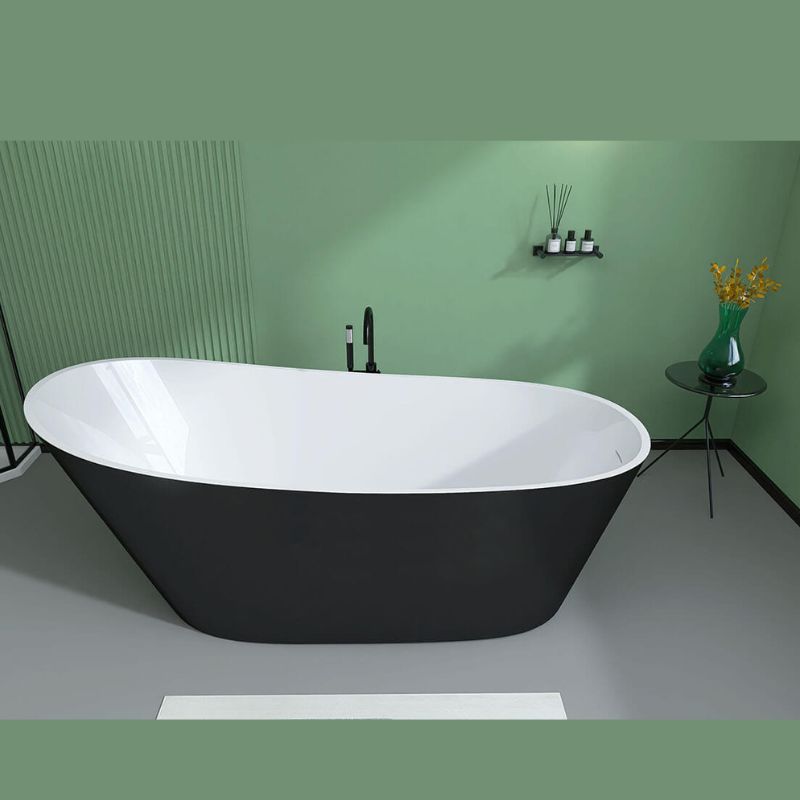 59" Freestanding Black Oval Acrylic Soaking Bathtub with Integrated Slotted Overflow and Chrome Pop-up Drain Anti-clogging