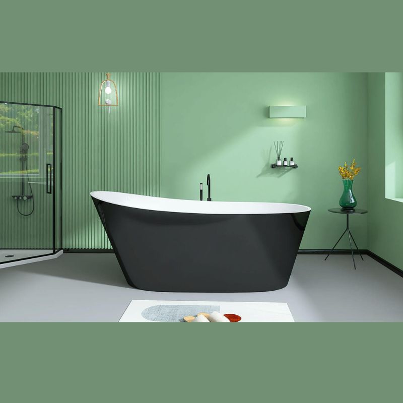 59" Freestanding Black Oval Acrylic Soaking Bathtub with Integrated Slotted Overflow and Chrome Pop-up Drain Anti-clogging