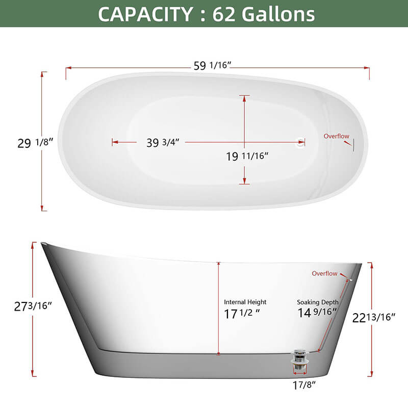 A dimension Image of the 59" Freestanding Black Oval Acrylic Soaking Bathtub with Integrated Slotted Overflow and Chrome Pop-up Drain Anti-clogging