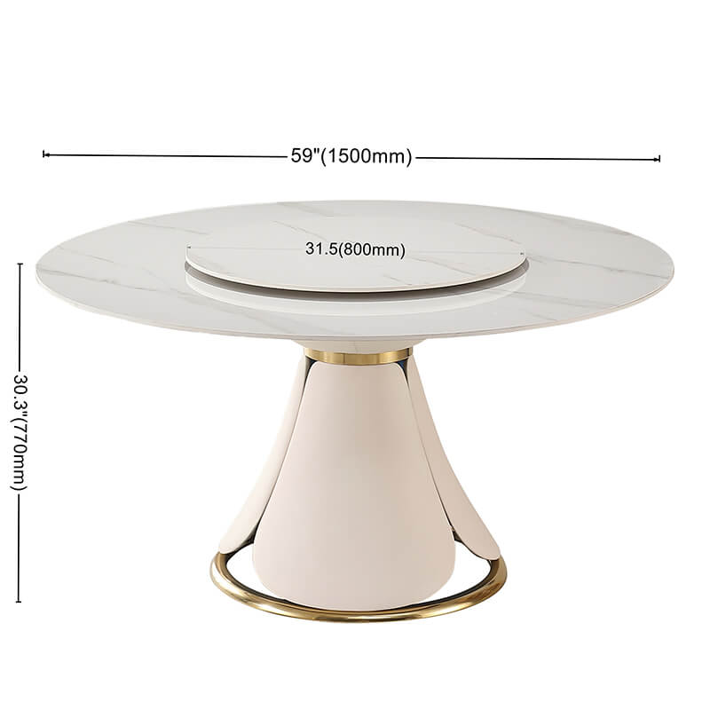 A dimension Image of our 59" Modern Sintered Stone Beige Turntable Dining Table with Wood and Metal Pedestal Base