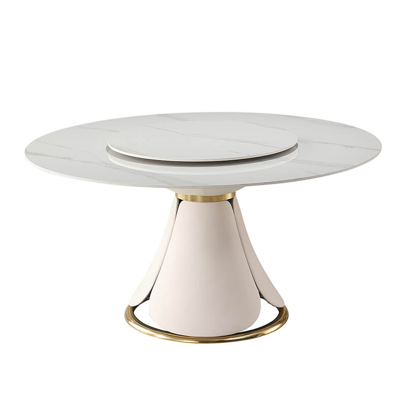 59" Modern Sintered Stone Beige Turntable Dining Table with Wood and Metal Pedestal Base