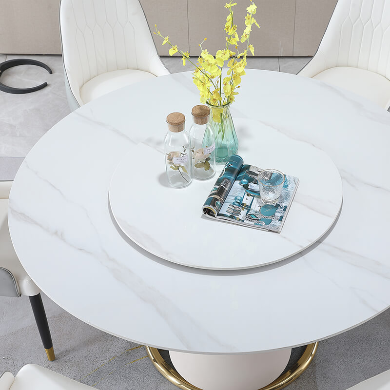 59" Modern Sintered Stone Beige Turntable Dining Table with Wood and Metal Pedestal Base