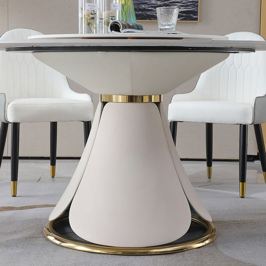 59" Modern Sintered Stone Beige Turntable Dining Table with Wood and Metal Pedestal Base