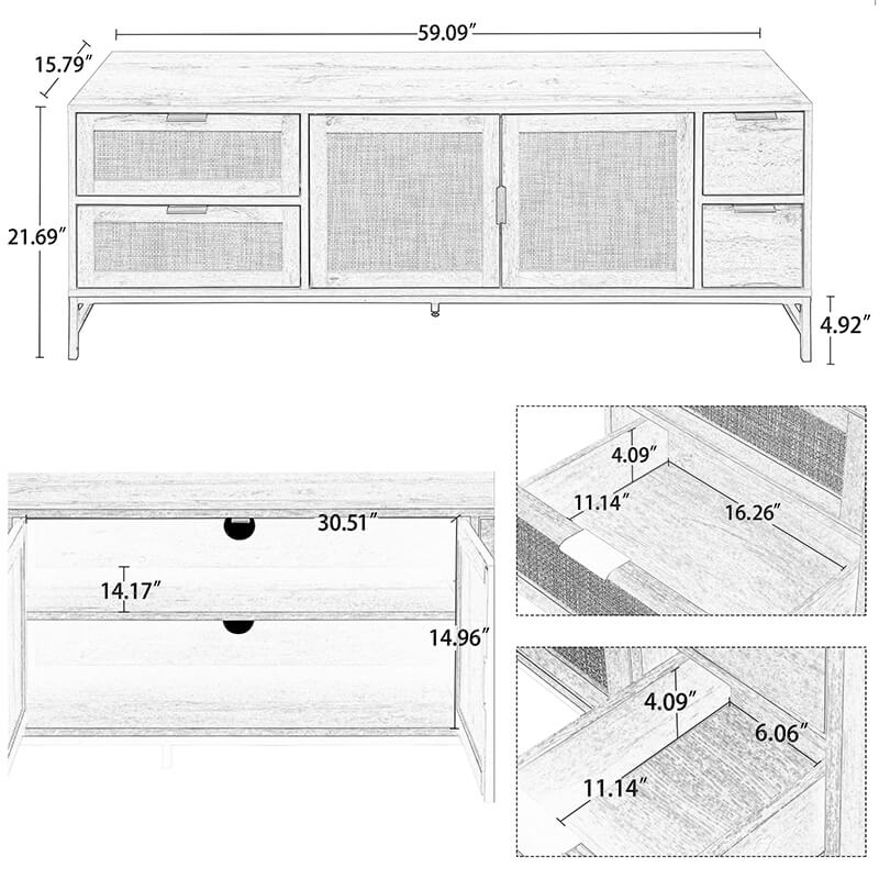 59" Rustic Rattan TV Stand with Adjustable Shelves 