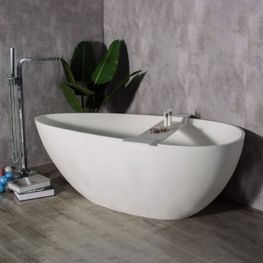 59" White Egg-shaped Solid Surface Freestanding Bathtub with Pop up Drain