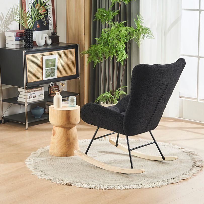 36.5" Modern Nursery Rocking Chair with Wooden Legs - Black Teddy Fabric