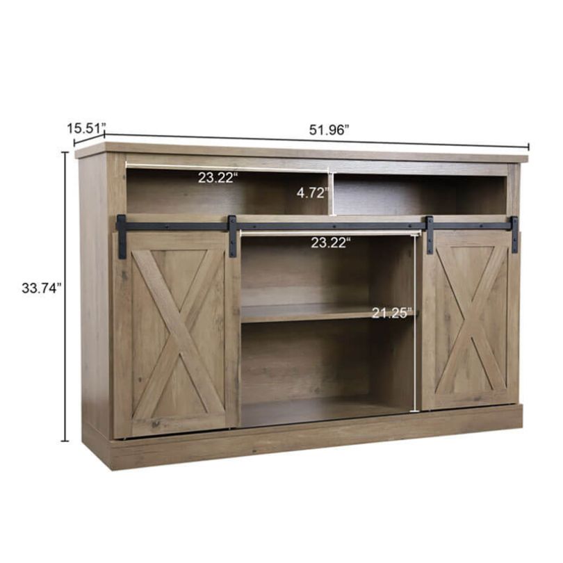 A dimension Image of our 5ft Gray TV stand with sliding Barn Door and Adjustable Shelves