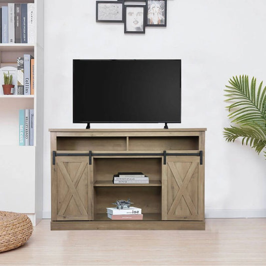 5ft Gray TV stand with sliding Barn Door and Adjustable Shelves