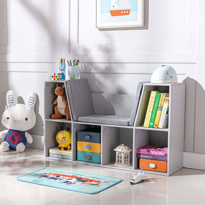 6-Cubby Gray Kids Bookcase with Reading Nook and Cushion