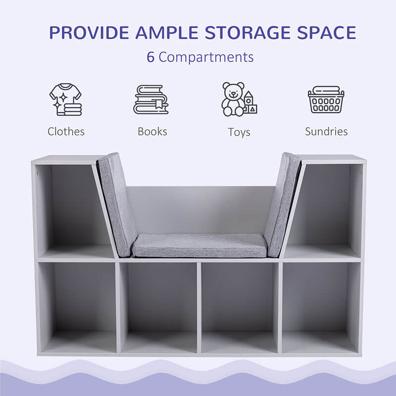 6-Cubby Gray Kids Bookcase with Reading Nook and Cushion