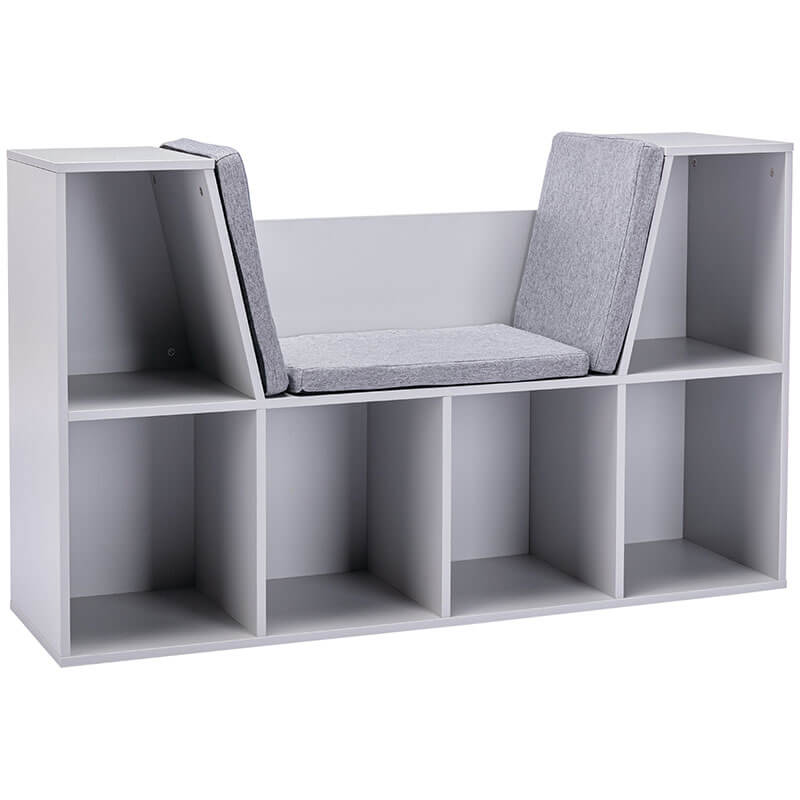 6-Cubby Gray Kids Bookcase with Reading Nook and Cushion