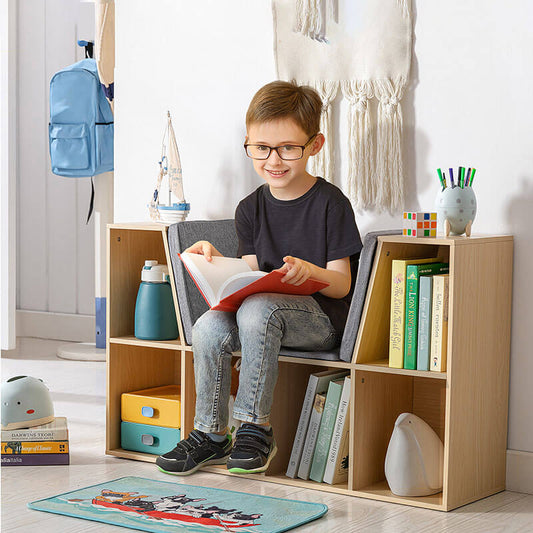 6-Cubby Natural Kids Bookcase with Reading Nook and Cushion 