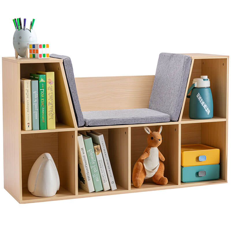 6-Cubby Natural Kids Bookcase with Reading Nook and Cushion 