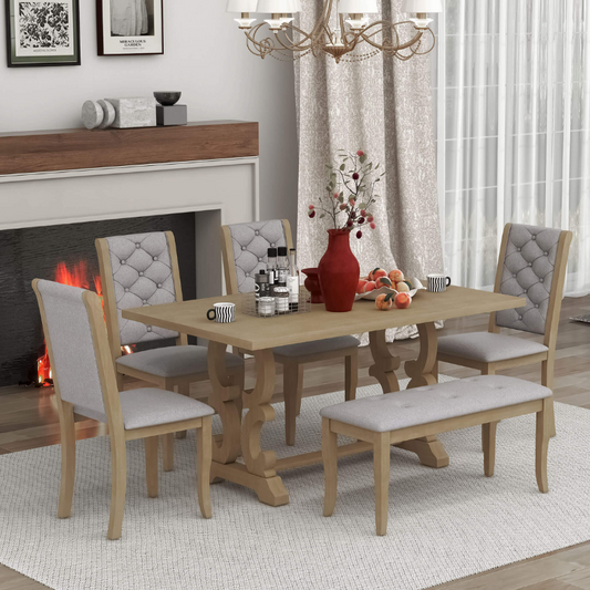 6-Piece Retro Dining Set with Unique-designed Table Legs and Tufted Chairs - (Gray Wash)