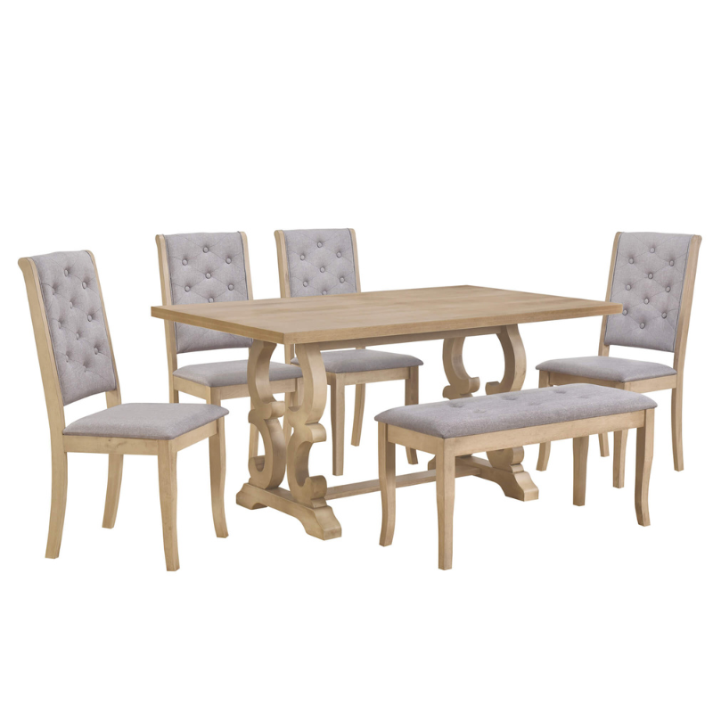 6-Piece Retro Dining Set with Unique-designed Table Legs and Tufted Chairs - (Gray Wash)