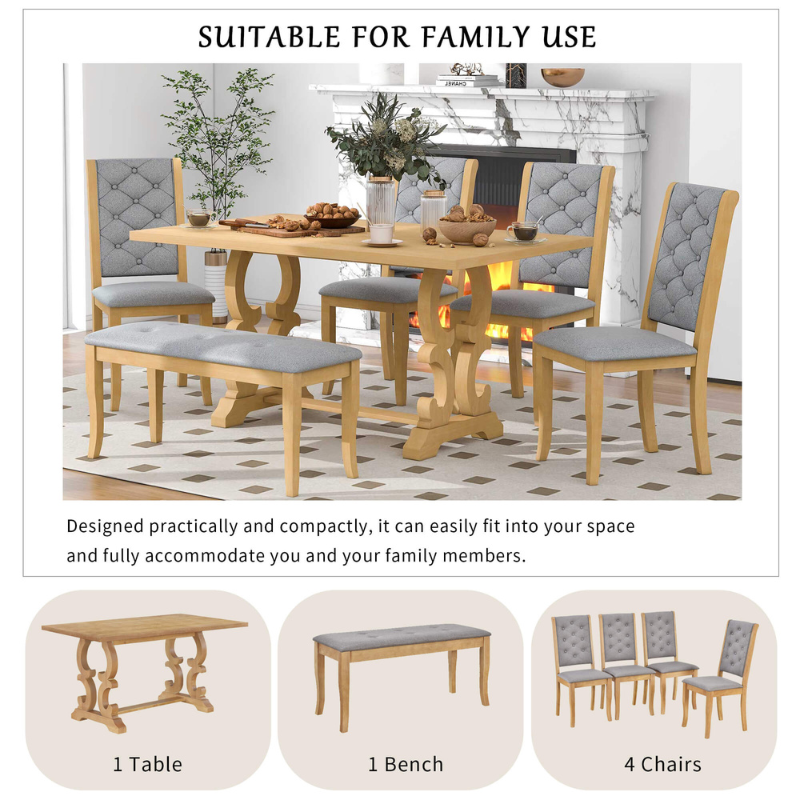 6-Piece Retro Dining Set with Unique-designed Table Legs and Tufted Chairs - (Natural)