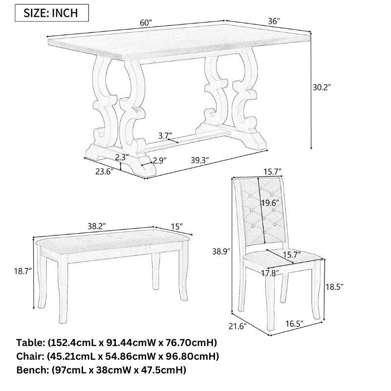 6-Piece Retro Dining Set with Unique-designed Table Legs and Tufted Chairs - (Natural)