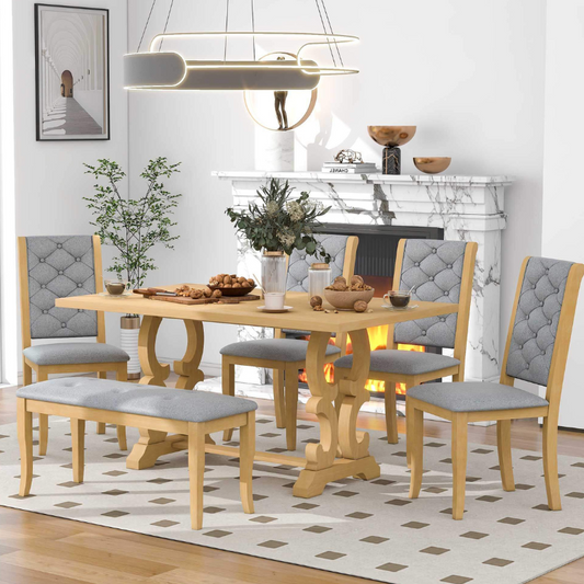 6-Piece Retro Dining Set with Unique-designed Table Legs and Tufted Chairs - (Natural)