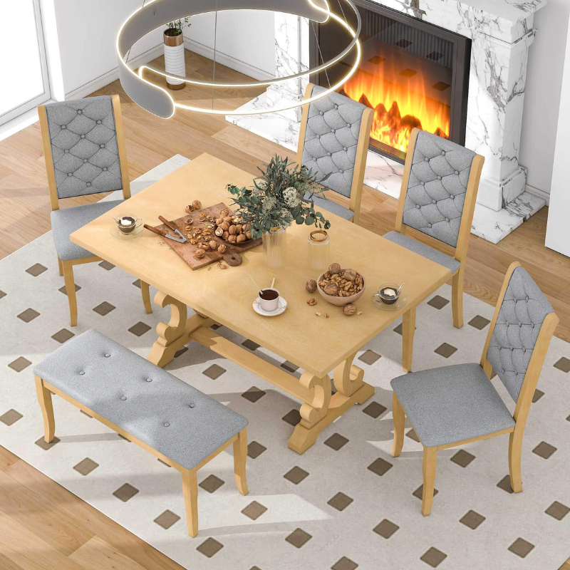 6-Piece Retro Dining Set with Unique-designed Table Legs and Tufted Chairs - (Natural)