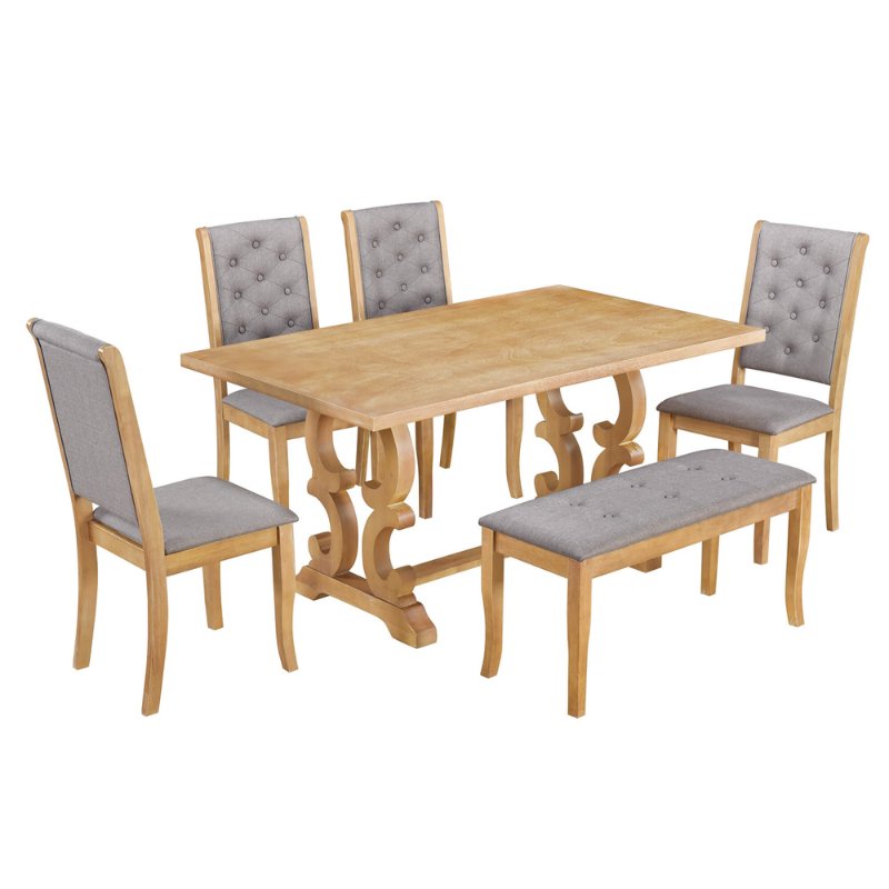 6-Piece Retro Dining Set with Unique-designed Table Legs and Tufted Chairs - (Natural)