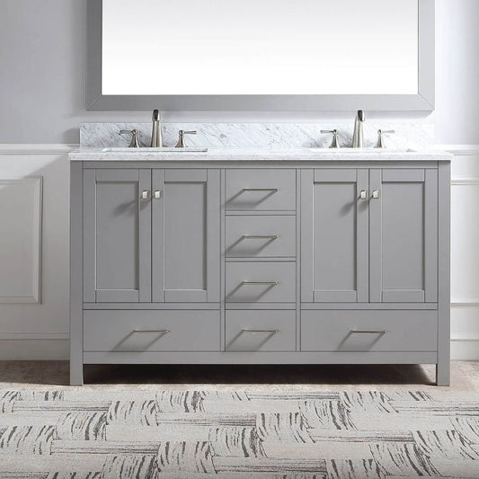 60" Grey Double Bathroom Vanity with Carrara Marble Top and White Basin