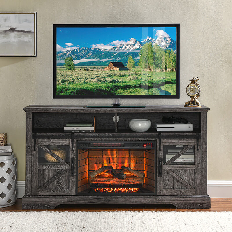 60 Inch Dark Oak Farmhouse Fireplace TV Stand