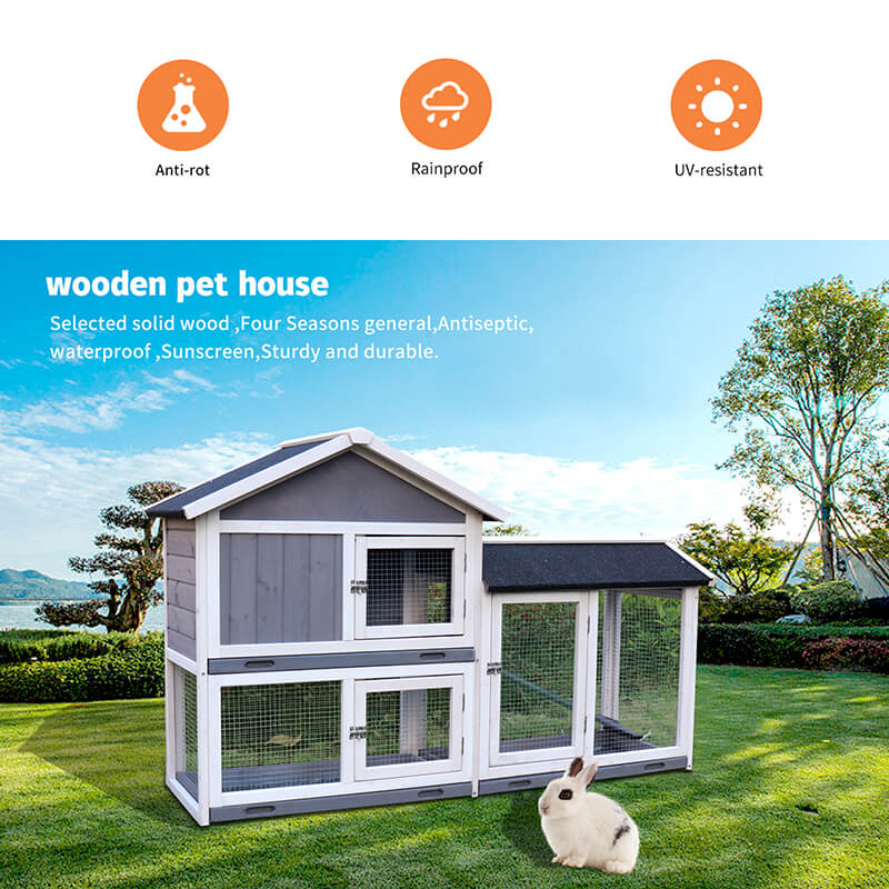 61" Grey Wood Pet House Rabbit Hutch and Chicken Coop with Removable Bottom Wire Mesh