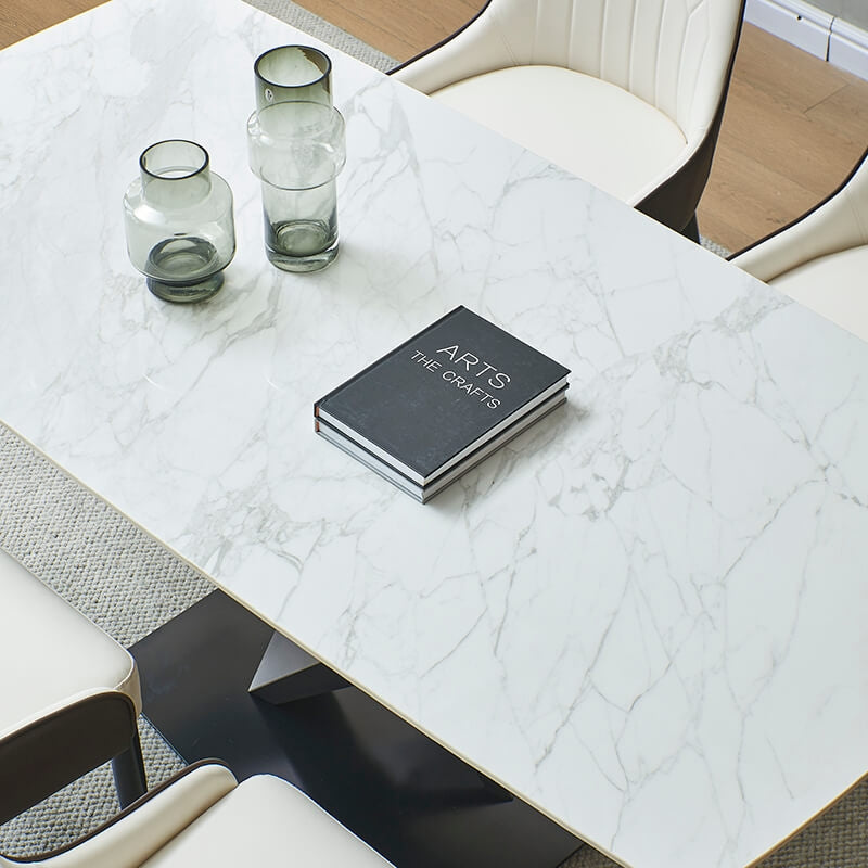 63" Modern White Rectangular Sintered-Stone Dining Table with Black X-shaped Base