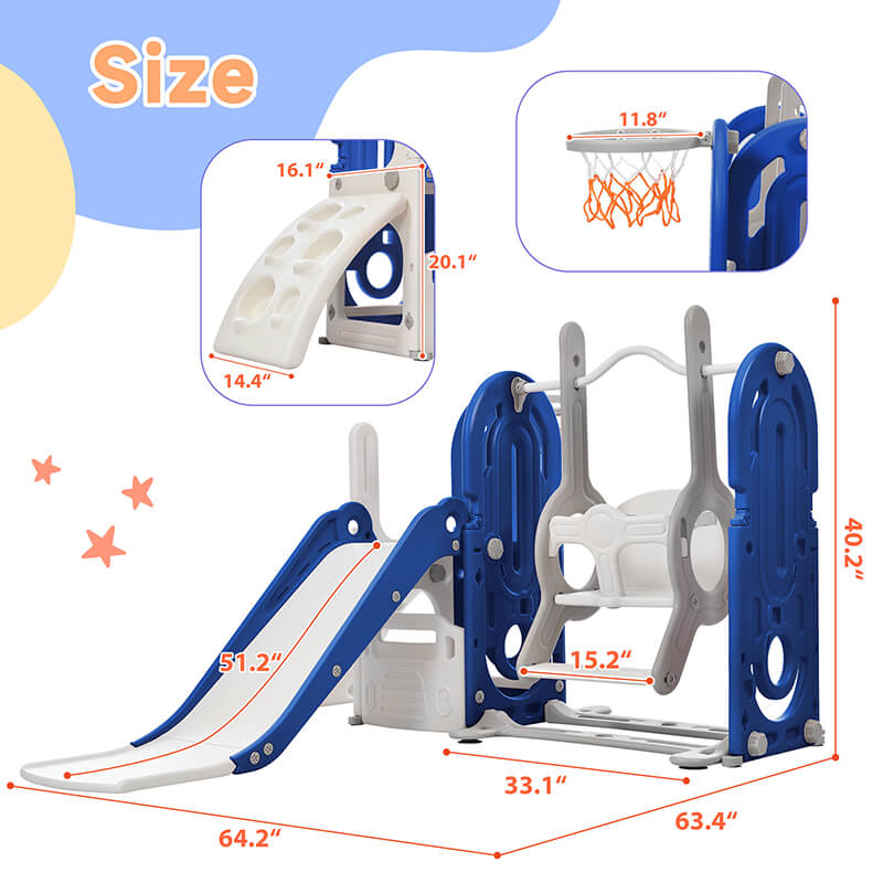 64" Blue Toddler Slide and Swing Playset 