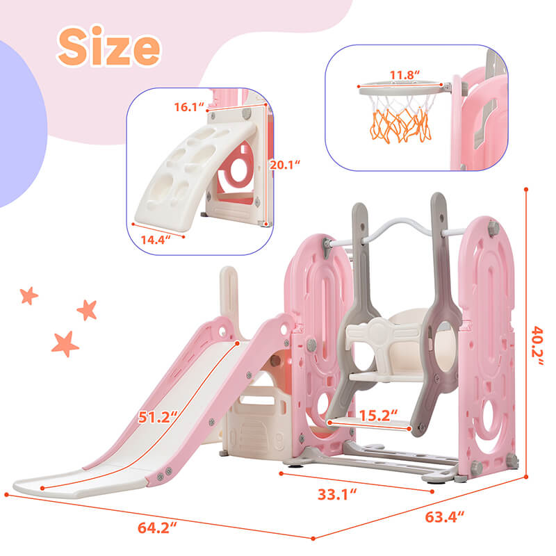 64" Pink Toddler Slide and Swing Playset 