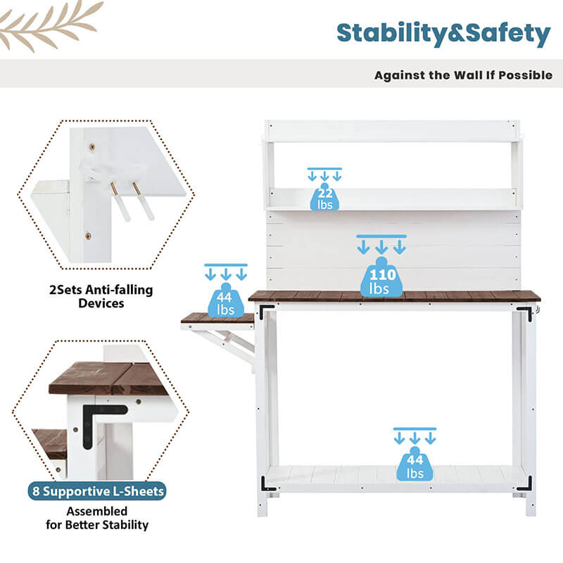 65" White Garden Potting Bench Table with Storage