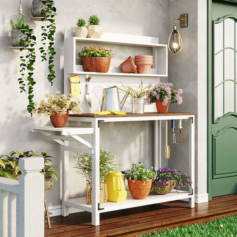 65" White Garden Potting Bench Table with Storage