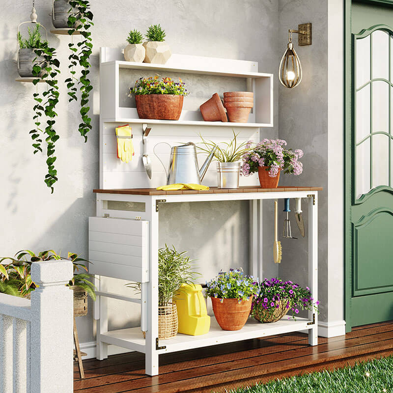 65" White Garden Potting Bench Table with Storage