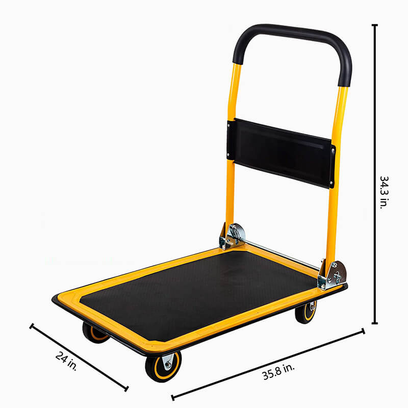 A dimension Image of the 660lbs Capacity Yellow Dolly Folding Push Hand Flatbed Rolling Cart