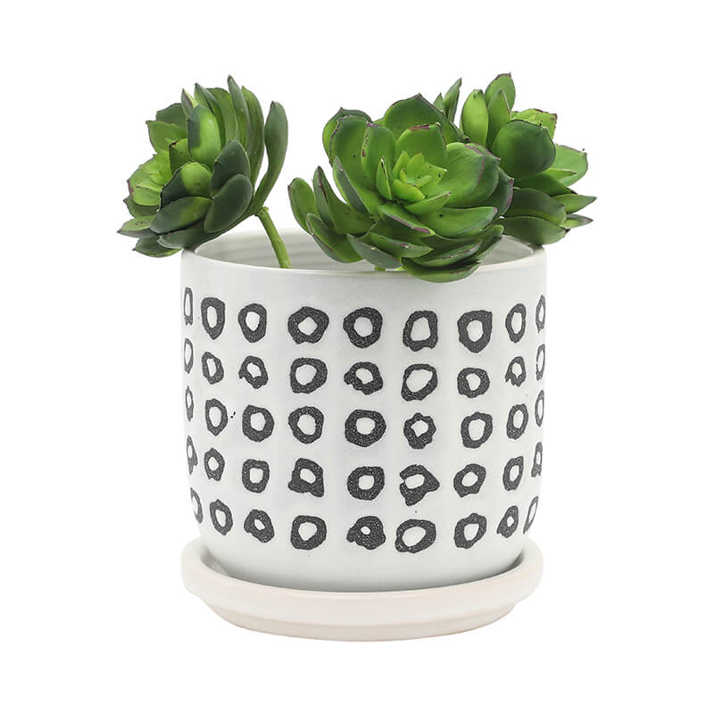 5/6 Black Ceramic Planter Pots with Saucers - Set of 2