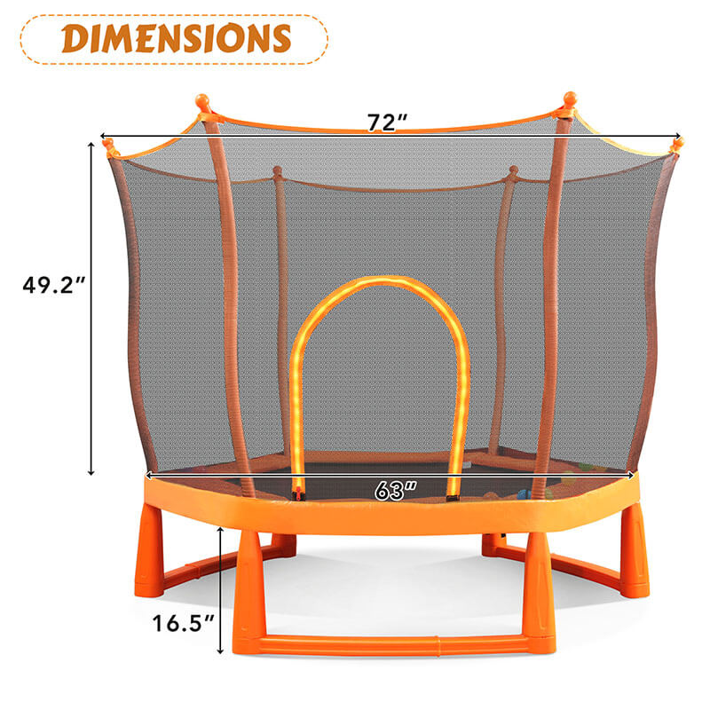 A dimension Image of our 6ft Orange Lotus Shape Mini Trampoline for Kids with Safety Enclosure Net and Ball Pit Balls -72"