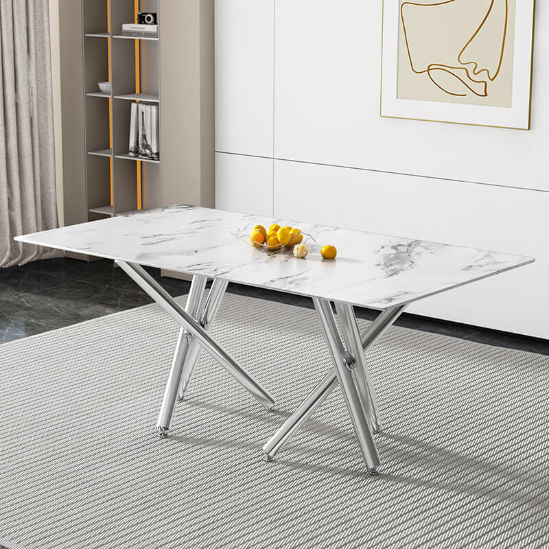 70.86" Modern White Marble Glass Dining Table with Silver Chrome Metal Legs