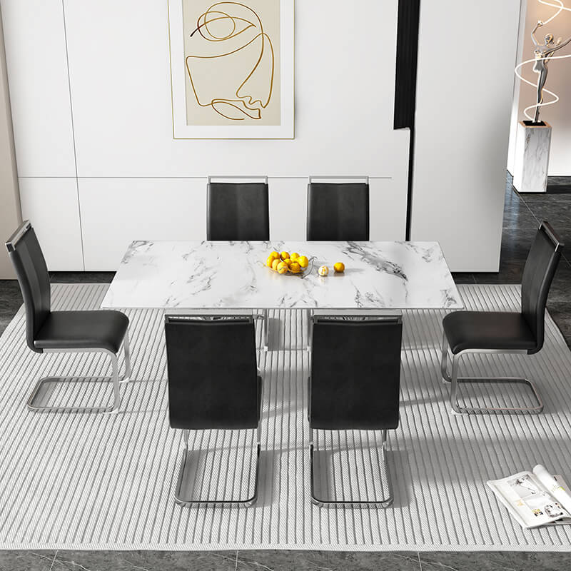 70.86" Modern White Marble Glass Dining Table with Silver Chrome Metal Legs