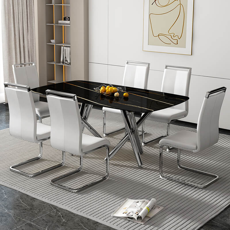 70.9" Modern Black Faux Marble Glass Dining Table with Silver Chrome Metal Legs