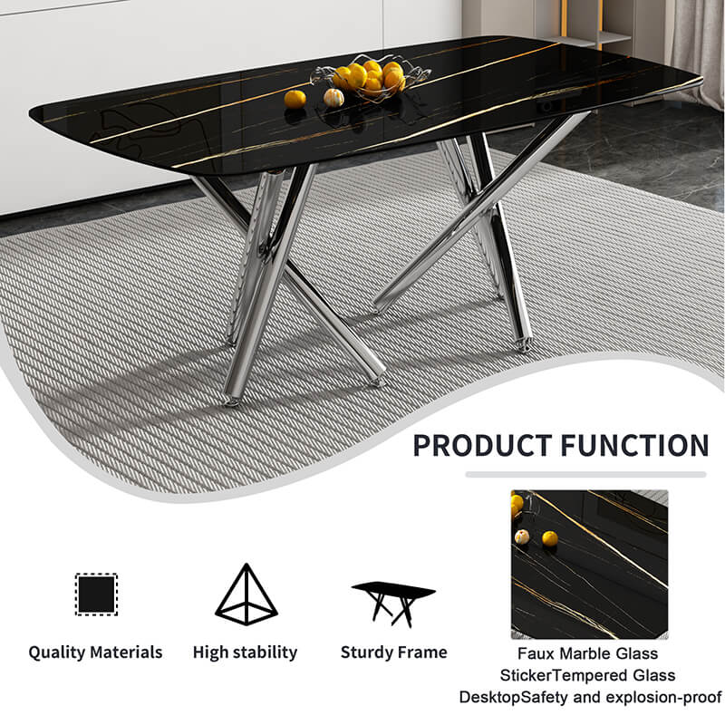 70.9" Modern Black Faux Marble Glass Dining Table 