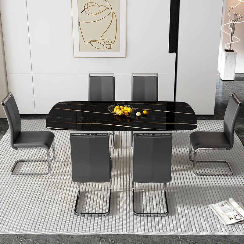 70.9" Modern Black Faux Marble Glass Dining Table 