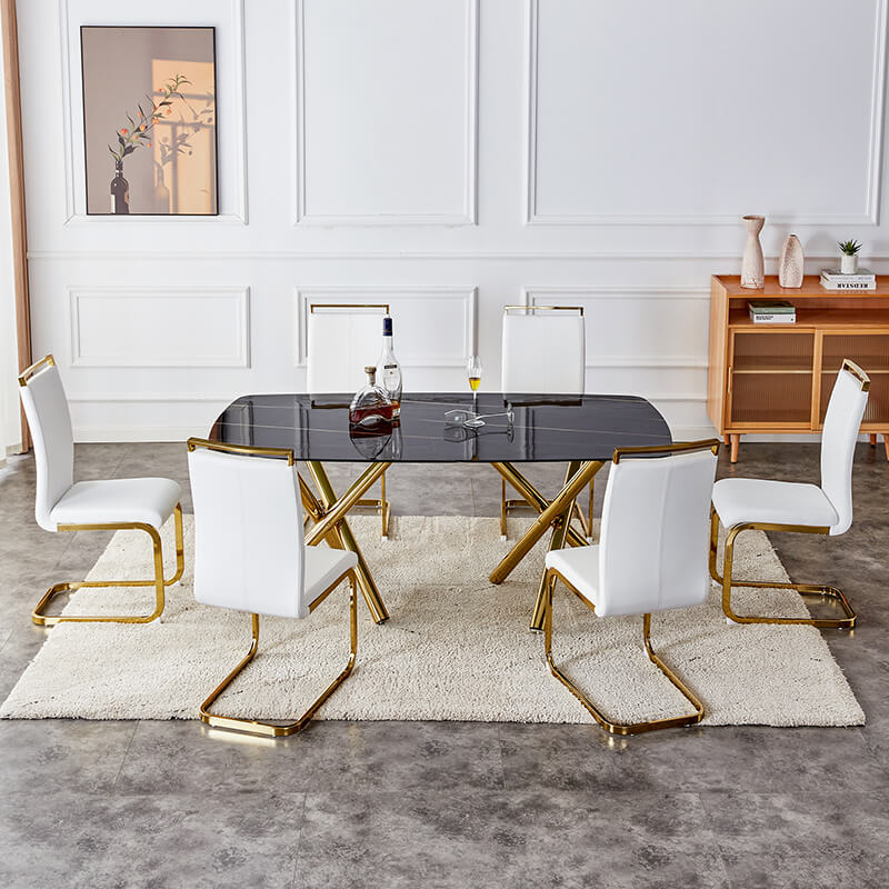 70.87" Modern Black Marble Glass Dining Table 