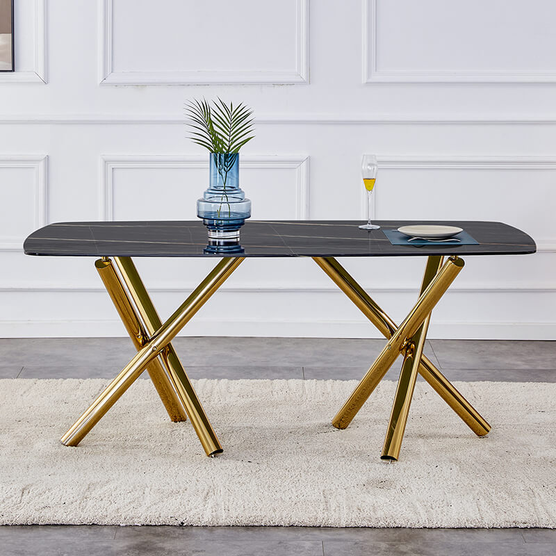 70.87" Modern Black Marble Glass Dining Table and Gold Metal Legs