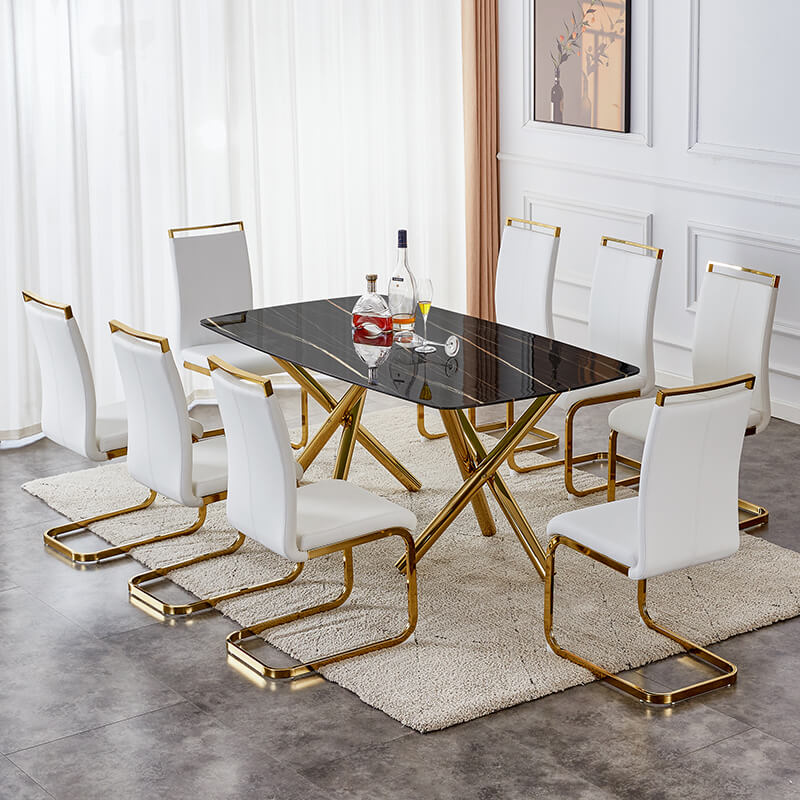 70.87" Modern Black Marble Glass Dining Table and Gold Metal Legs