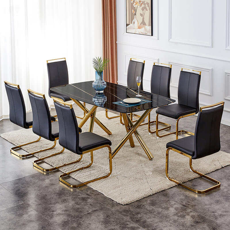 70.87" Modern Black Marble Glass Dining Table and Gold Metal Legs