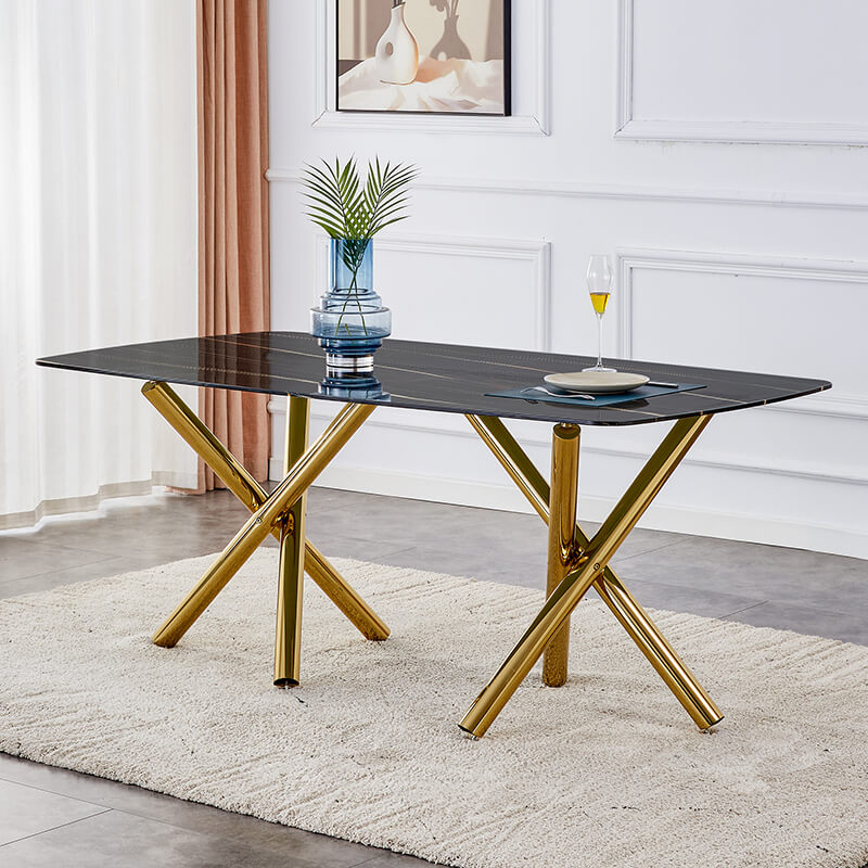 70.87" Modern Black Marble Glass Dining Table 