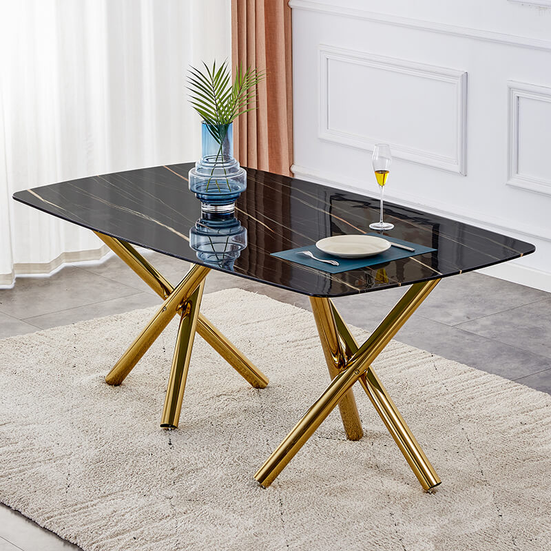 70.87" Modern Black Marble Glass Dining Table and Gold Metal Legs