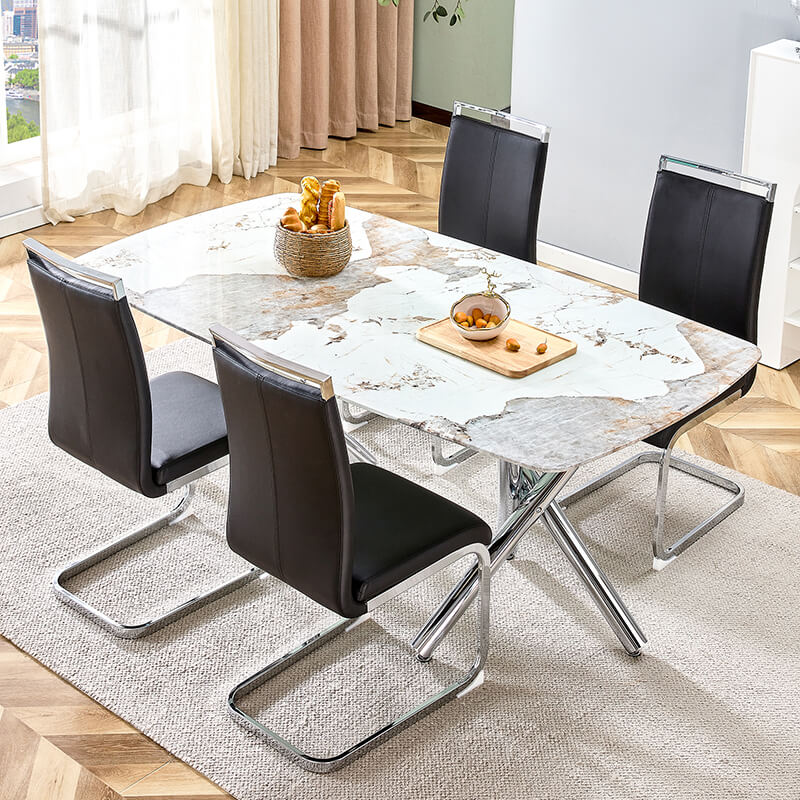 70.87" Modern Faux Marble Glass Dining Table and Silver Chrome Metal Legs