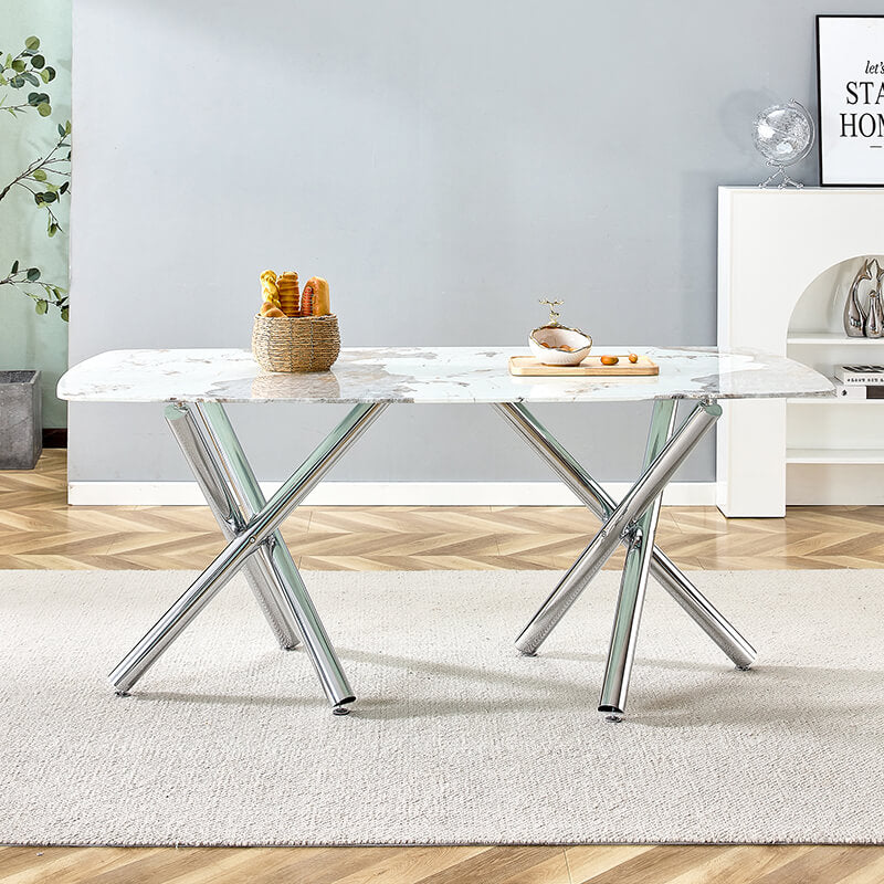 70.87" Modern Faux Marble Glass Dining Table 